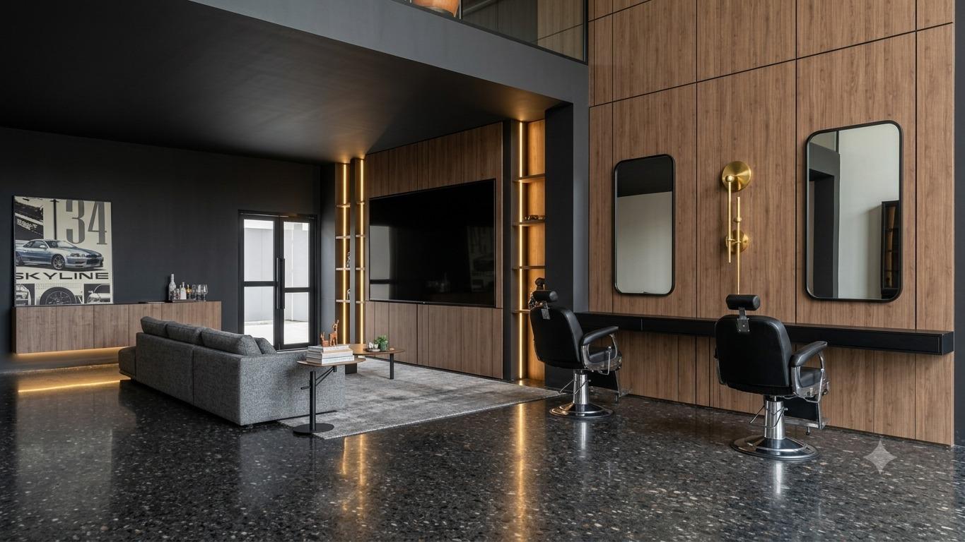 PDL clubhouse lounge with barbershop stations
