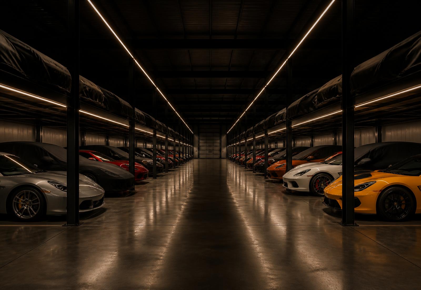 Climate-controlled storage aisle at night