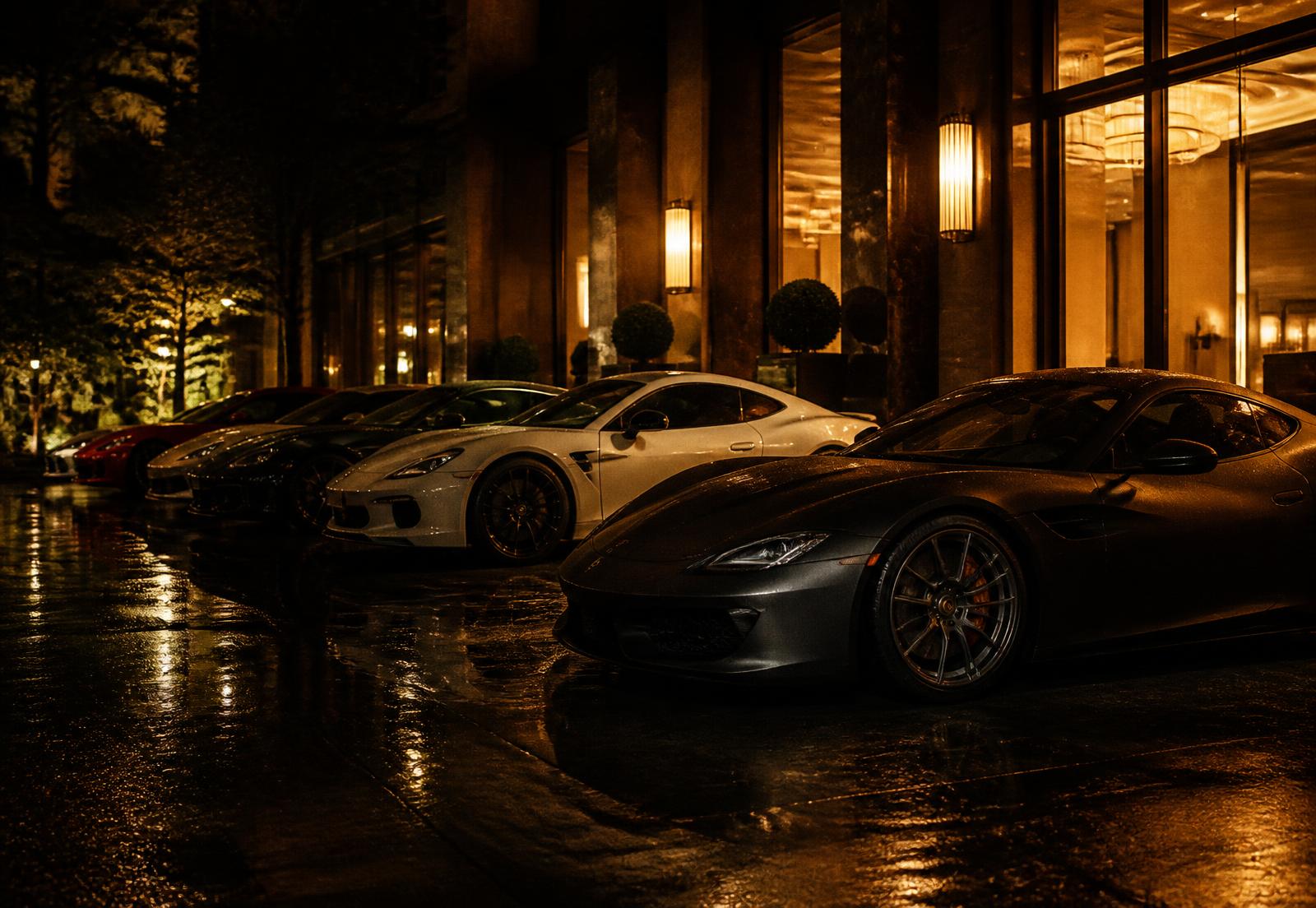 Exotic cars parked at a rally checkpoint at night